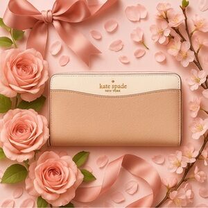 Kate Spade New York Saffiano Leather Zip Wallet Beige Cream 12 Card Slots NWT